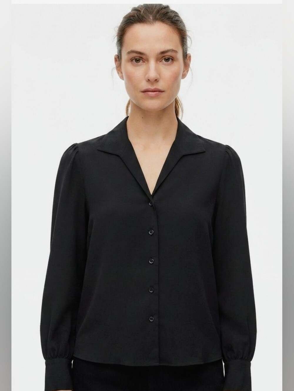 NWT Frank And Oak Black Camp Collar Puff Sleeve Blouse Size S Small
